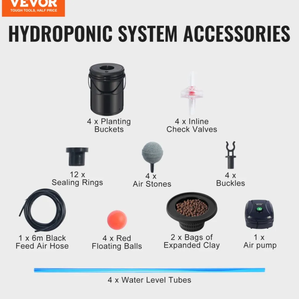 VEVOR DWC Hydroponic System, 5 Gallon 4 Buckets, Deep Water Culture Growing Bucket, Hydroponics Grow Kit with Pump, Air Stone and Water Level Device, for Indoor/Outdoor Leafy Vegetables