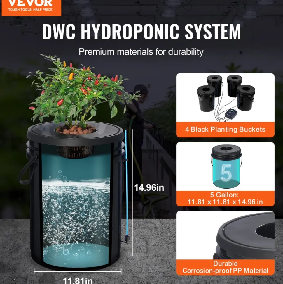 VEVOR DWC Hydroponic System, 5 Gallon 4 Buckets, Deep Water Culture Growing Bucket, Hydroponics Grow Kit with Pump, Air Stone and Water Level Device, for Indoor/Outdoor Leafy Vegetables