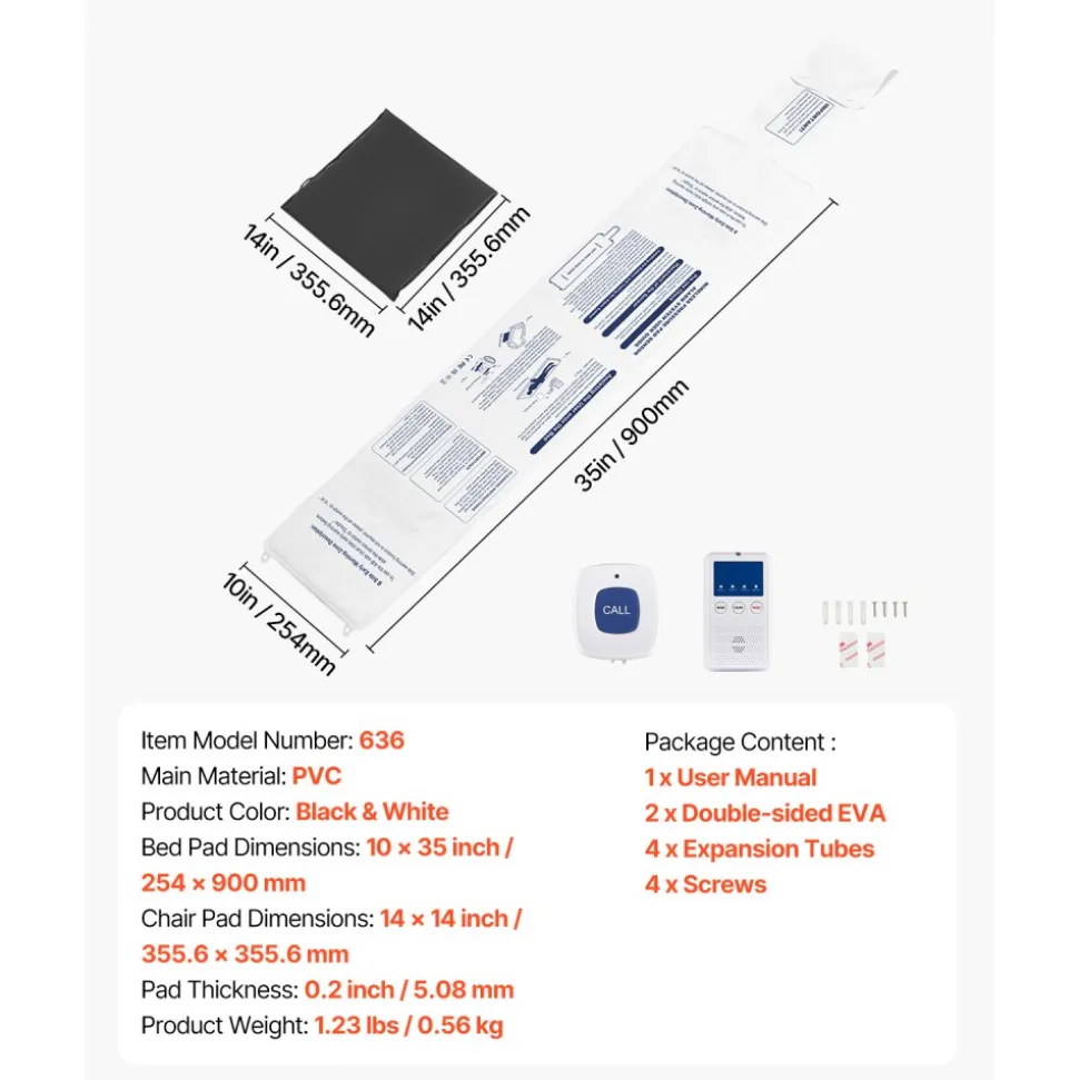 VEVOR Early Alert Bed Alarm System, Wireless Bed and Chair Sensor Pad with Call Button & Pager, Pre-Alert Safety Bed Alarms and Fall Prevention for Elderly, Dementia Patients, and Adults