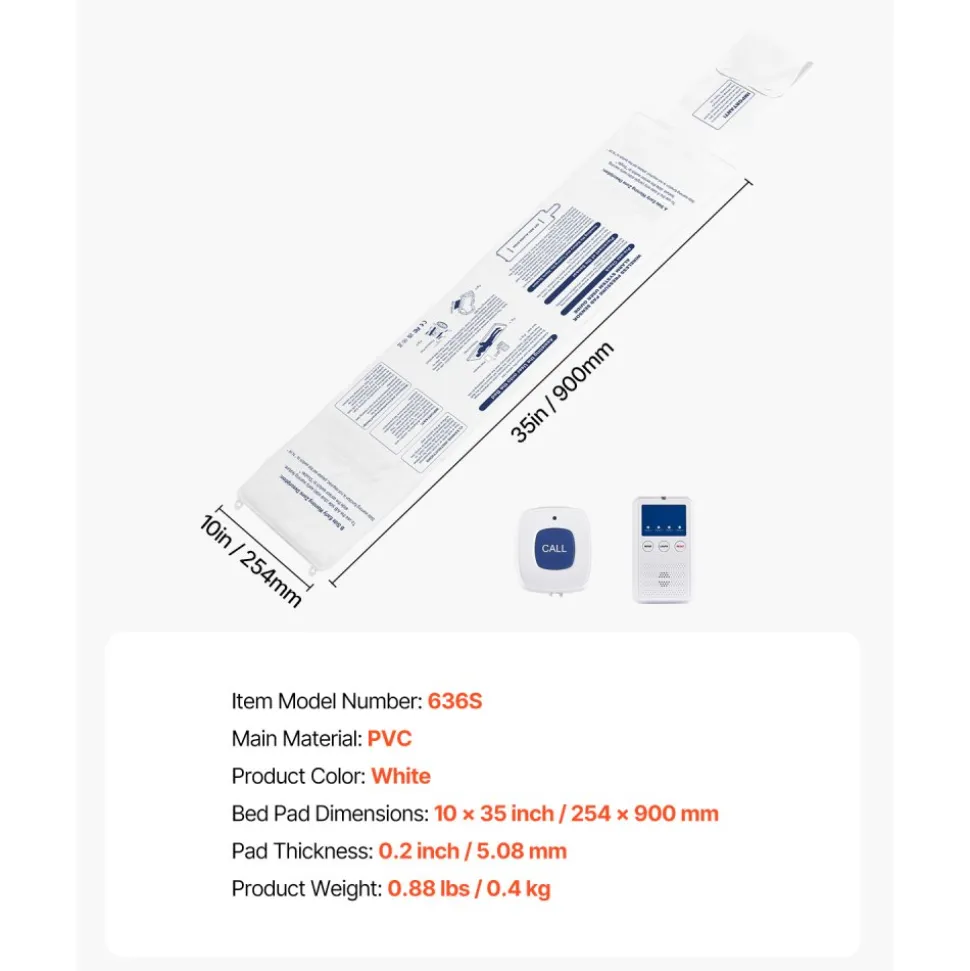 VEVOR Early Alert Bed Alarm System, Wireless Bed Sensor Pad with Call Button & Pager, Pre-Alert Safety Bed Alarms and Fall Prevention for Elderly, Dementia Patients, and Adults (10 x 35-inch)