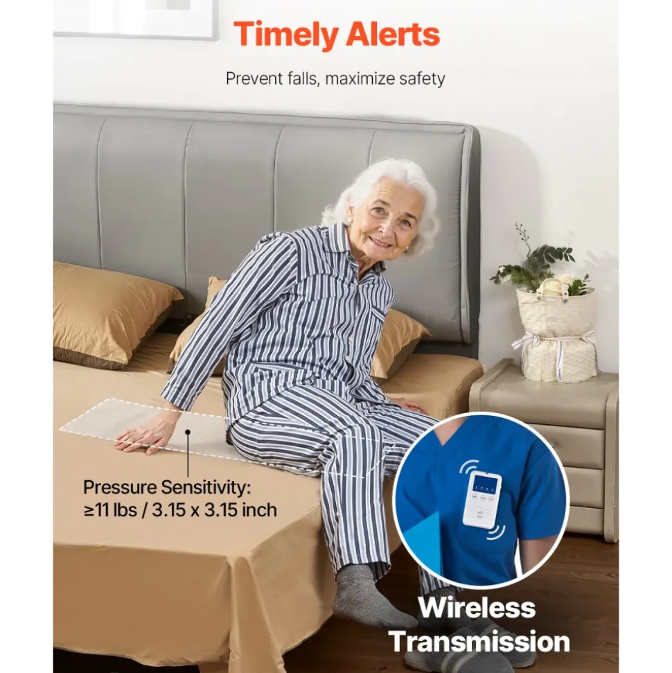 VEVOR Early Alert Bed Alarm System, Wireless Bed Sensor Pad with Call Button & Pager, Pre-Alert Safety Bed Alarms and Fall Prevention for Elderly, Dementia Patients, and Adults (10 x 35-inch)