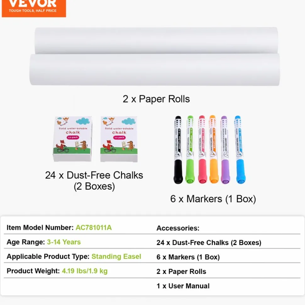 VEVOR Easel Accessory Set, 32 PCS Kid's Art Easel Painting Kit Including Chalks, Dry-Erase Markers & Paper Rolls, Supplies Set for Standing Art Easel, Painting Accessories for Toddlers Boys and Girls
