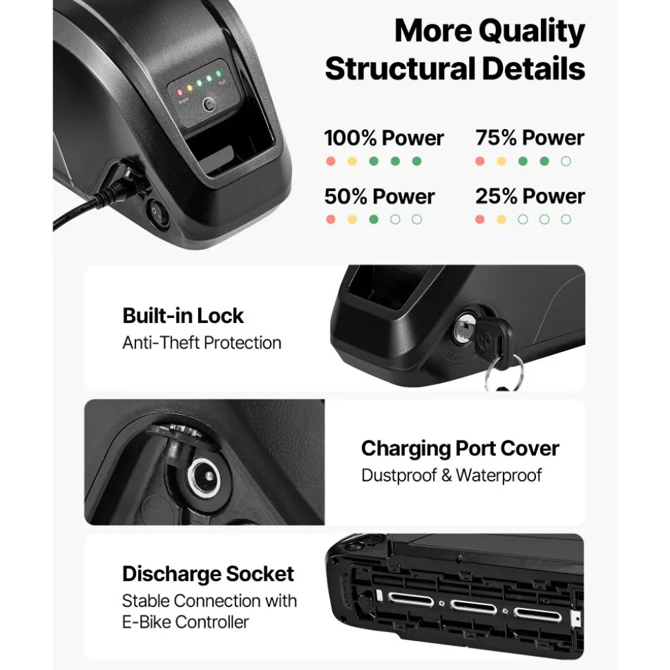 VEVOR Ebike Battery, 48V 13Ah Electric Bike Lithium Battery Pack with BMS, 3A Charger and Lock for 1000W E-Bike Motor, Detachable Electric Bicycle Replacement Kit with Indicator & Discharge Socket