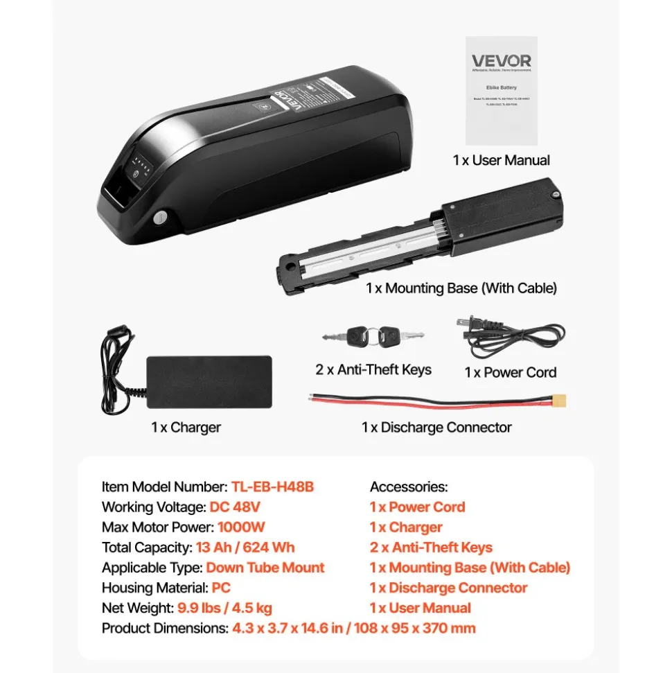 VEVOR Ebike Battery, 48V 13Ah Electric Bike Lithium Battery Pack with BMS, 3A Charger and Lock for 1000W E-Bike Motor, Detachable Electric Bicycle Replacement Kit with Indicator & Discharge Socket