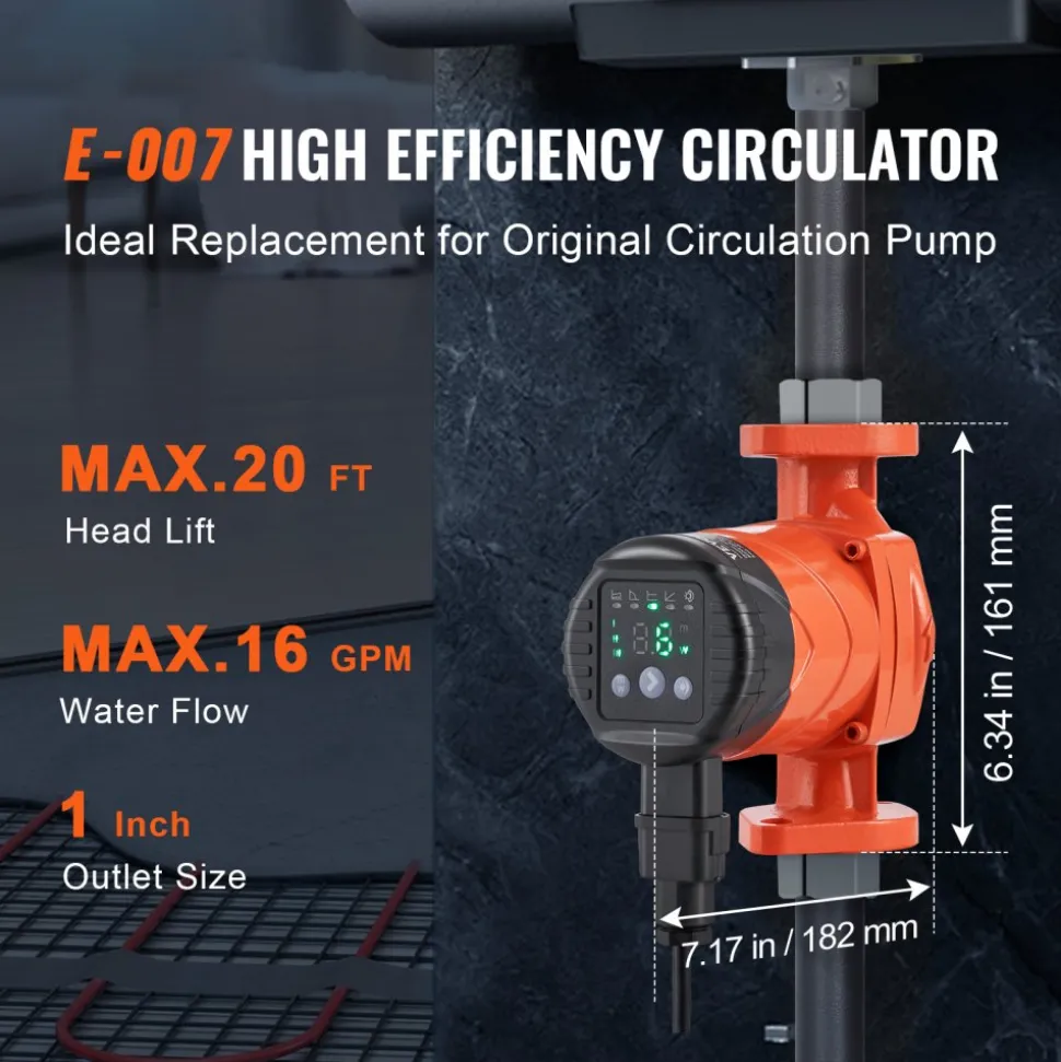VEVOR E007-2F2 Hot Water Recirculating Pump, 110V, 42W 16 GPM High Efficiency Circulator Pump, EMC Automatic Hot Water Circulation Pump 1" NPT Flange Circulator Pump for Home Water Heater System