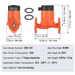 VEVOR E007-2F2 Hot Water Recirculating Pump, 110V, 42W 16 GPM High Efficiency Circulator Pump, EMC Automatic Hot Water Circulation Pump 1