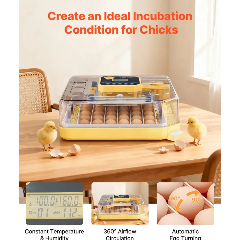VEVOR 48 Egg Incubator, Automatic Egg Turner with LED Candler, Temperature Display & Auto Humidity Control, 360° View Clear Window, Poultry Eggs Incubator for Hatching Chicks Ducks Goose Quail