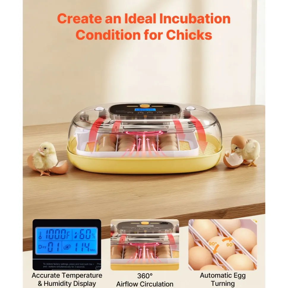 VEVOR 24 Egg Incubator, Automatic Egg Turner with LED Candler, Temperature Control & Humidity Display, 360° View Window, Auto Water Refill, Poultry Eggs Incubator for Hatching Chicks Ducks Goose Quail