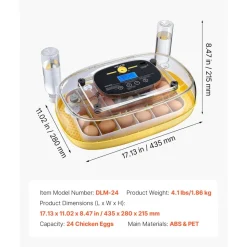 VEVOR 24 Egg Incubator, Automatic Egg Turner with LED Candler, Temperature Control & Humidity Display, 360° View Window, Auto Water Refill, Poultry Eggs Incubator for Hatching Chicks Ducks Goose Quail