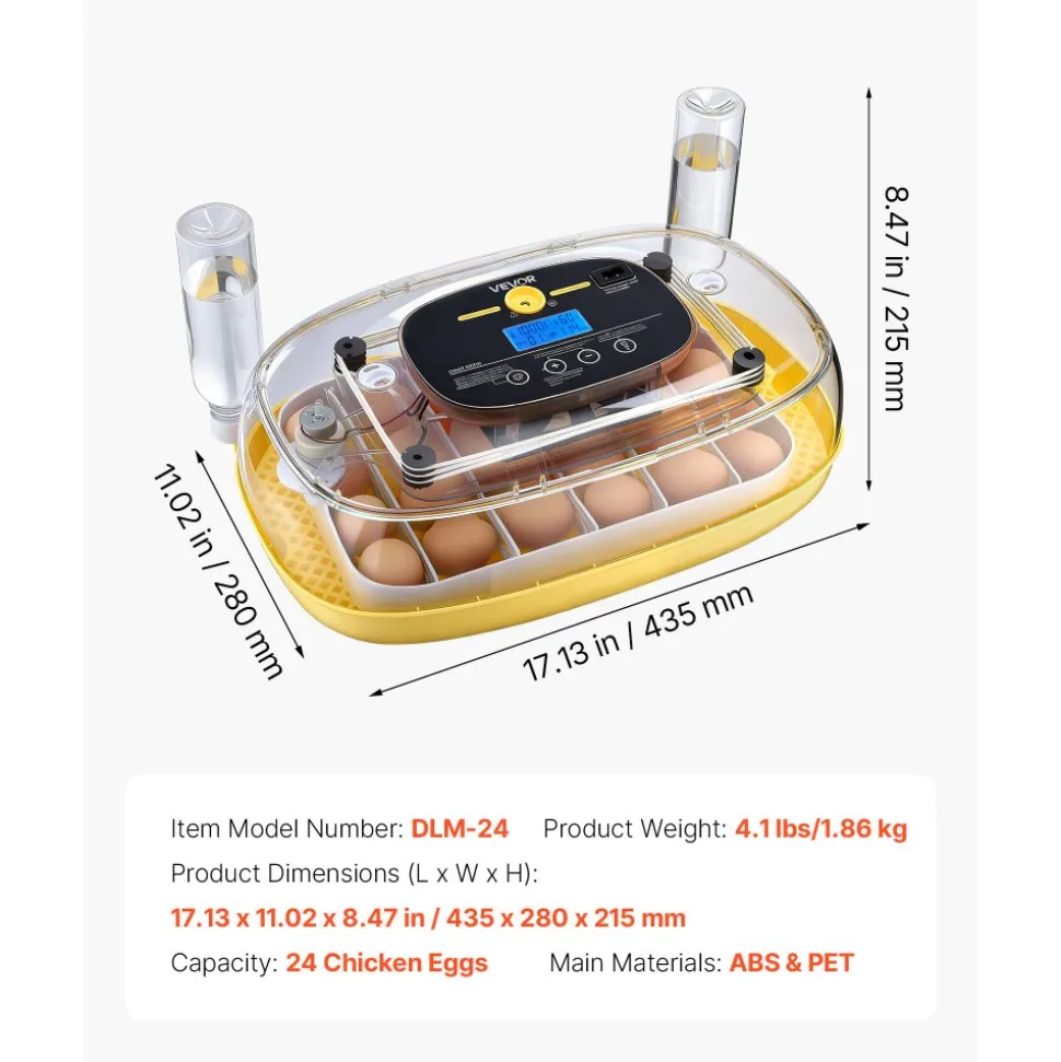 VEVOR 24 Egg Incubator, Automatic Egg Turner with LED Candler, Temperature Control & Humidity Display, 360° View Window, Auto Water Refill, Poultry Eggs Incubator for Hatching Chicks Ducks Goose Quail