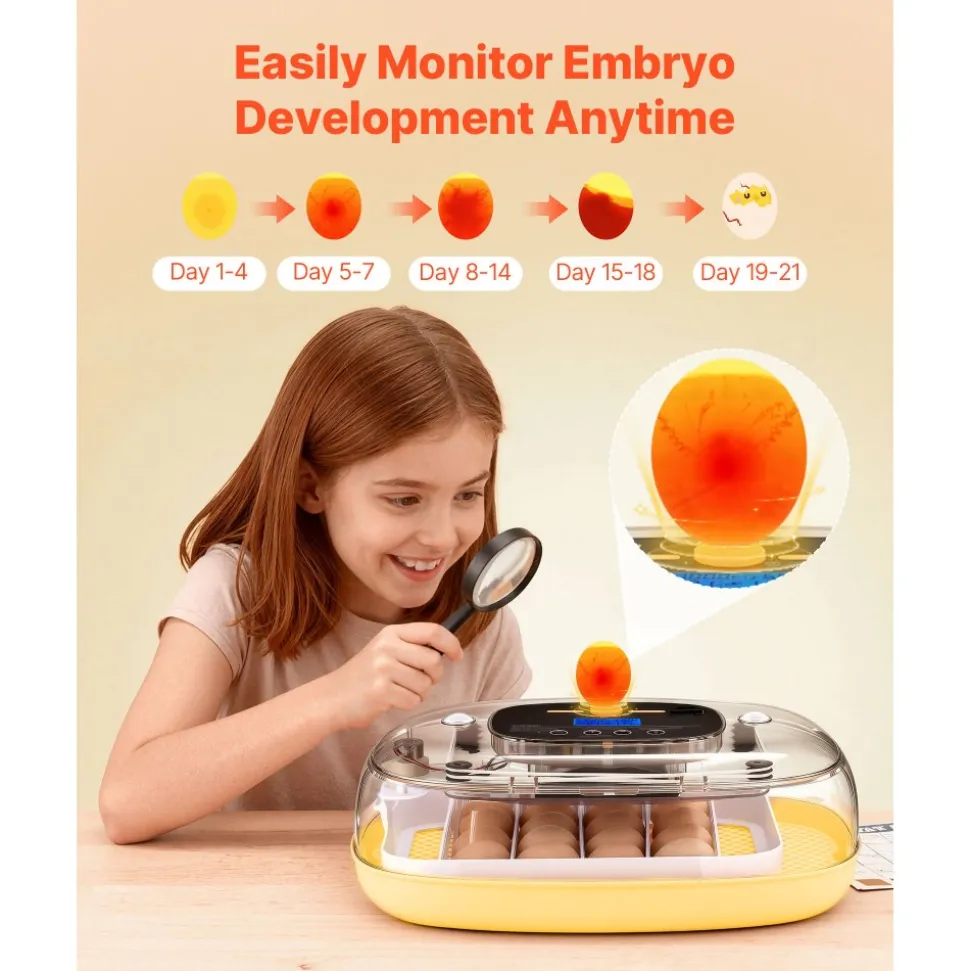 VEVOR 24 Egg Incubator, Automatic Egg Turner with LED Candler, Temperature Control & Humidity Display, 360° View Window, Auto Water Refill, Poultry Eggs Incubator for Hatching Chicks Ducks Goose Quail