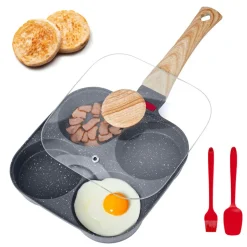 VEVOR Egg Pan, 4-Cup Nonstick Egg Frying Pan, Aluminum Breakfast Omelette Skillet for Pancakes, Hamburgers, Sandwiches, with Lid, Oil Brush, Scraper, Compatible with Gas Stove & Induction Cookware