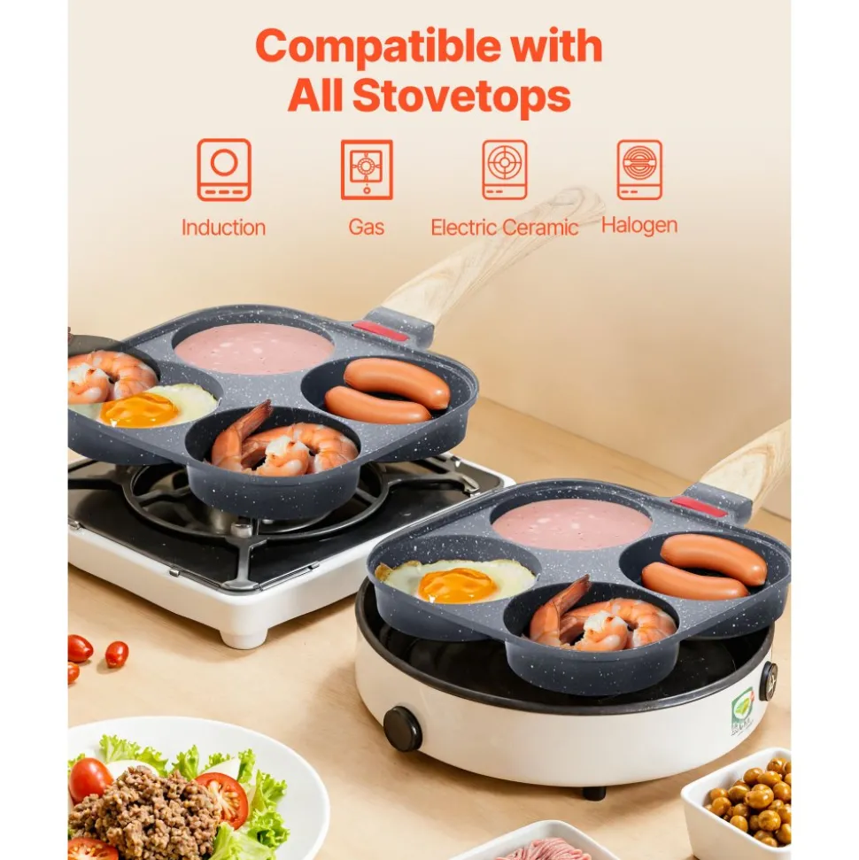 VEVOR Egg Pan, 4-Cup Nonstick Egg Frying Pan, Aluminum Breakfast Omelette Skillet for Pancakes, Hamburgers, Sandwiches, with Lid, Oil Brush, Scraper, Compatible with Gas Stove & Induction Cookware