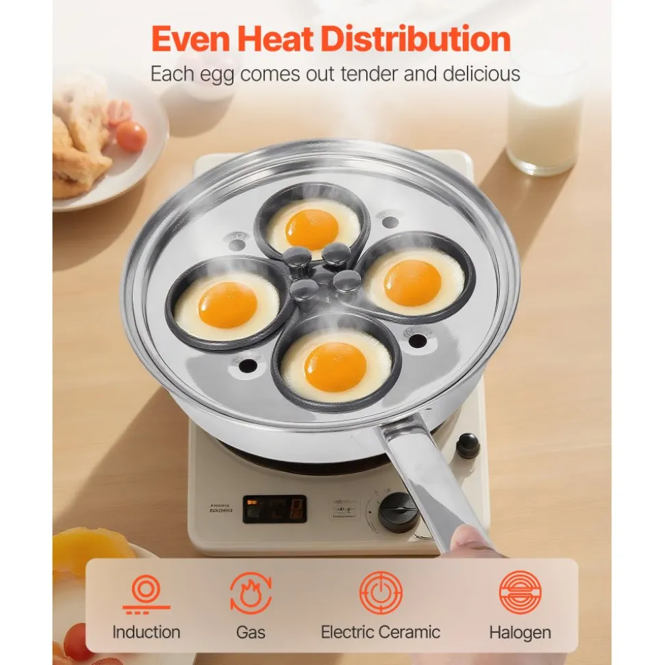 VEVOR Egg Poacher Pan, 4-Cup Poached Egg Maker, Stainless Steel Poaching Pan and Frying Skillet, with 4 Nonsitck Detachable Large Cups, Lid, and Silicone Spatula, Compatible with Induction Stovetop