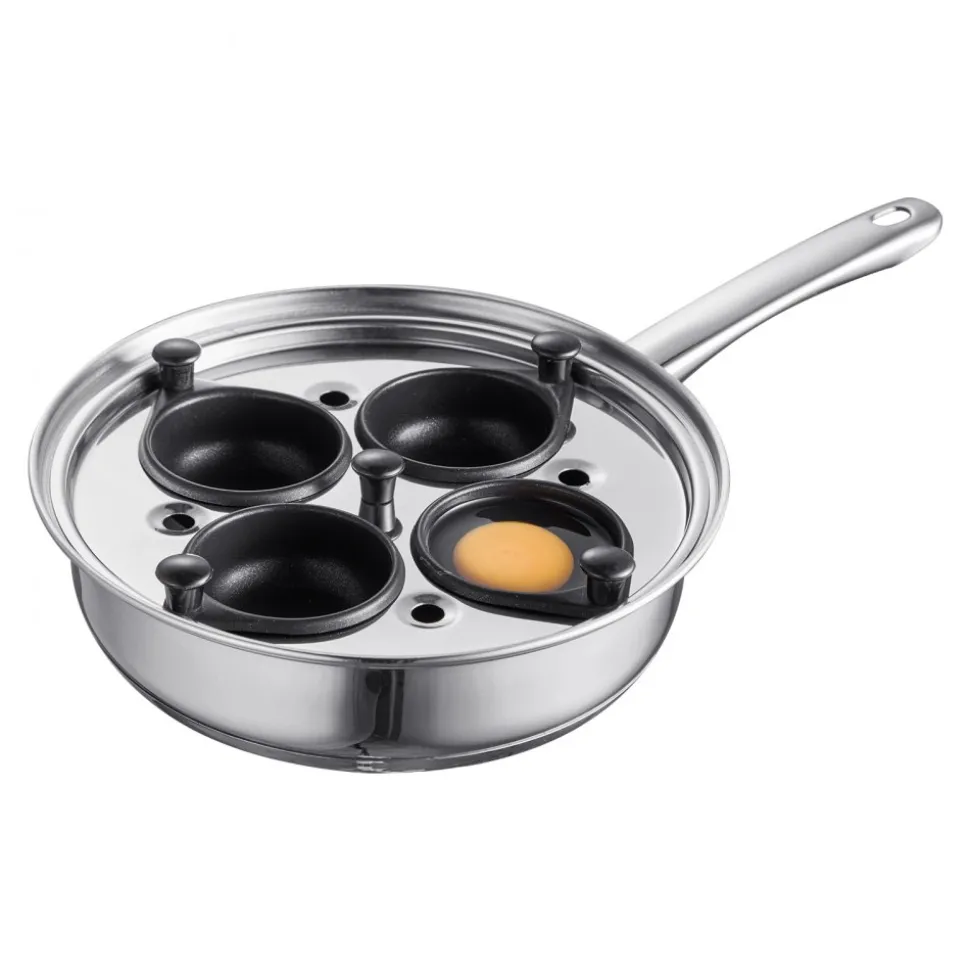 VEVOR Egg Poacher Pan, 4-Cup Poached Egg Maker, Stainless Steel Poaching Pan and Frying Skillet, with 4 Nonsitck Detachable Large Cups, Lid, and Silicone Spatula, Compatible with Induction Stovetop