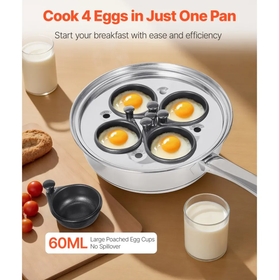 VEVOR Egg Poacher Pan, 4-Cup Poached Egg Maker, Stainless Steel Poaching Pan and Frying Skillet, with 4 Nonsitck Detachable Large Cups, Lid, and Silicone Spatula, Compatible with Induction Stovetop
