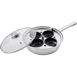 VEVOR Egg Poacher Pan, 4-Cup Poached Egg Maker, Stainless Steel Poaching Pan and Frying Skillet, with 4 Nonsitck Detachable Large Cups, Lid, and Silicone Spatula, Compatible with Induction Stovetop