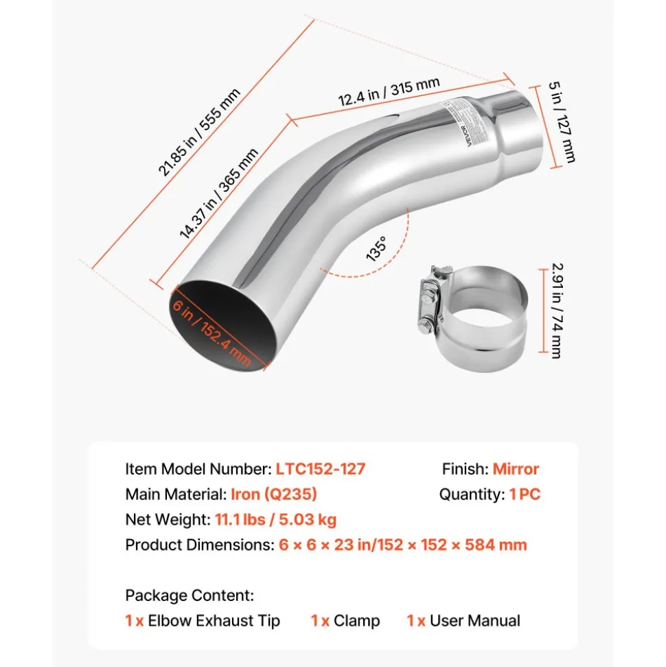 VEVOR Elbow Exhaust Tip, 5 Inch Inlet, 6 Inch Outlet, 23 in Overall Length, Chrome Turn Down Exhaust Tip with Clamp for Truck, Sedan, Sports Car, SUV, Chrome Structure for High Temperature Resistance