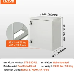 VEVOR Electrical Enclosure, 24'' x 24'' x 12'', NEMA 4 Outdoor Enclosure, IP65 Waterproof & Dustproof Cold-Rolled Carbon Steel Hinged Junction Box for Outdoor Indoor Use, with Rain