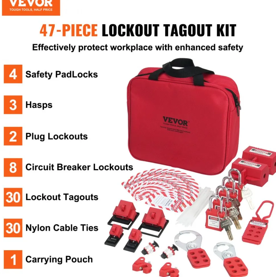 VEVOR Electrical Lockout Tagout Kit, 47 PCS Safety Loto Kit Includes Padlocks, Hasps, Tags, Nylon Ties, Plug Lockouts, Circuit Breaker Lockouts, and Carrying Bag, for Industrial, Electric Power