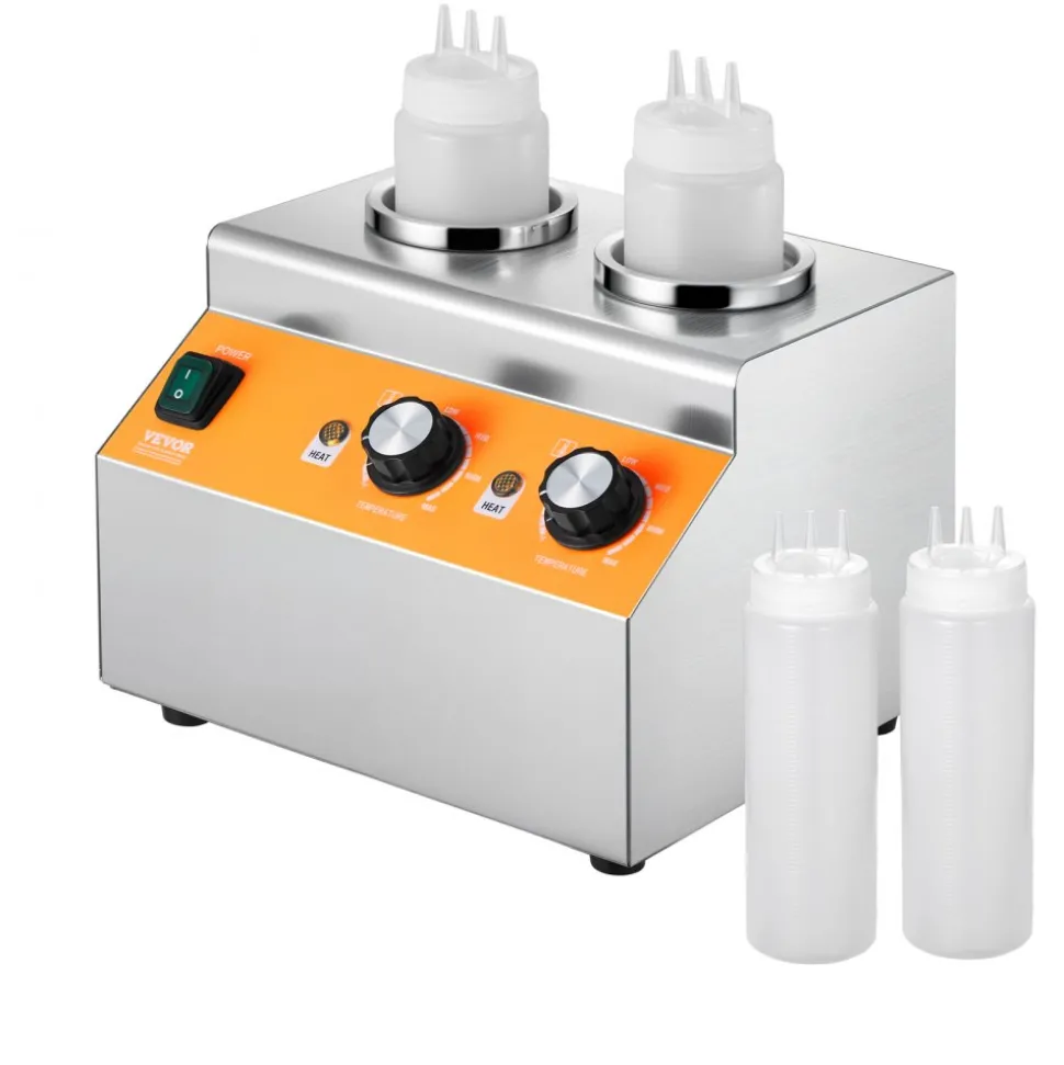 VEVOR Electric Bottle Warmer with Bottles, 0.8x2 LCommercial Cheese Dispenser, Hot Fudge Warmer 86-185℉ Temp Adjustable, Plastic Double Bottles Nacho Cheese Warmer, for Hot Fudge Cheese Caramel