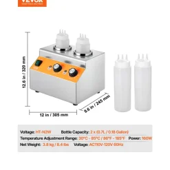 VEVOR Electric Bottle Warmer with Bottles, 0.8x2 LCommercial Cheese Dispenser, Hot Fudge Warmer 86-185℉ Temp Adjustable, Plastic Double Bottles Nacho Cheese Warmer, for Hot Fudge Cheese Caramel