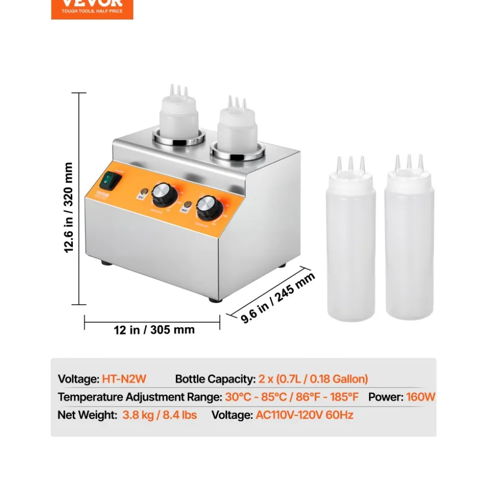 VEVOR Electric Bottle Warmer with Bottles, 0.8x2 LCommercial Cheese Dispenser, Hot Fudge Warmer 86-185℉ Temp Adjustable, Plastic Double Bottles Nacho Cheese Warmer, for Hot Fudge Cheese Caramel