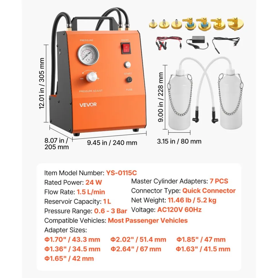 VEVOR Electric Brake Bleeder Kit, 120V Automatic Brake Fluid Bleeding Kit with 7 Master Cylinder Adapters & Dual Power Supplies, 0.6 - 3 Bar Brake Pressure Bleeder Pump Fits Most Passenger Vehicles