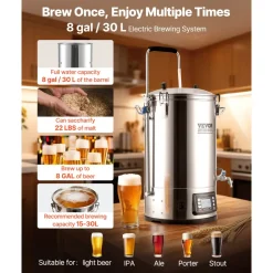 VEVOR Electric Brewing System, 8 Gal/30 L Brewing Capacity, All-in-One Home Beer Brewer with Pump, Mash Boil Device with Panel, Auto/Manual Mode 100-1800W Power 25-100℃ Temp 1-180 min Timer Recipe Memory