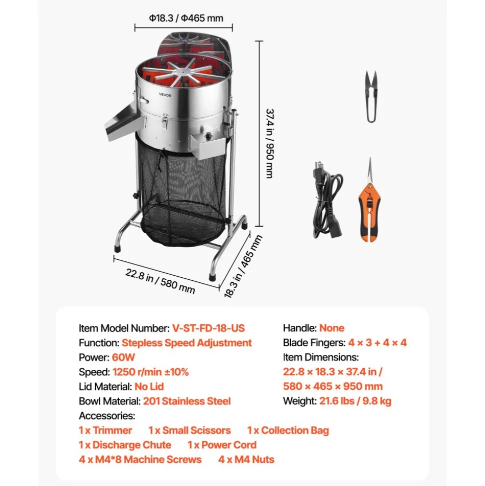 VEVOR Electric Bud Leaf Trimmer, 18 in Tiltable Bud Trimmer with Sharp Stainless Steel Blades, Adjustable Speed, Hydroponic Cutting Machine with Collection Bag Hand Pruner & Scissors, for Leaves Buds