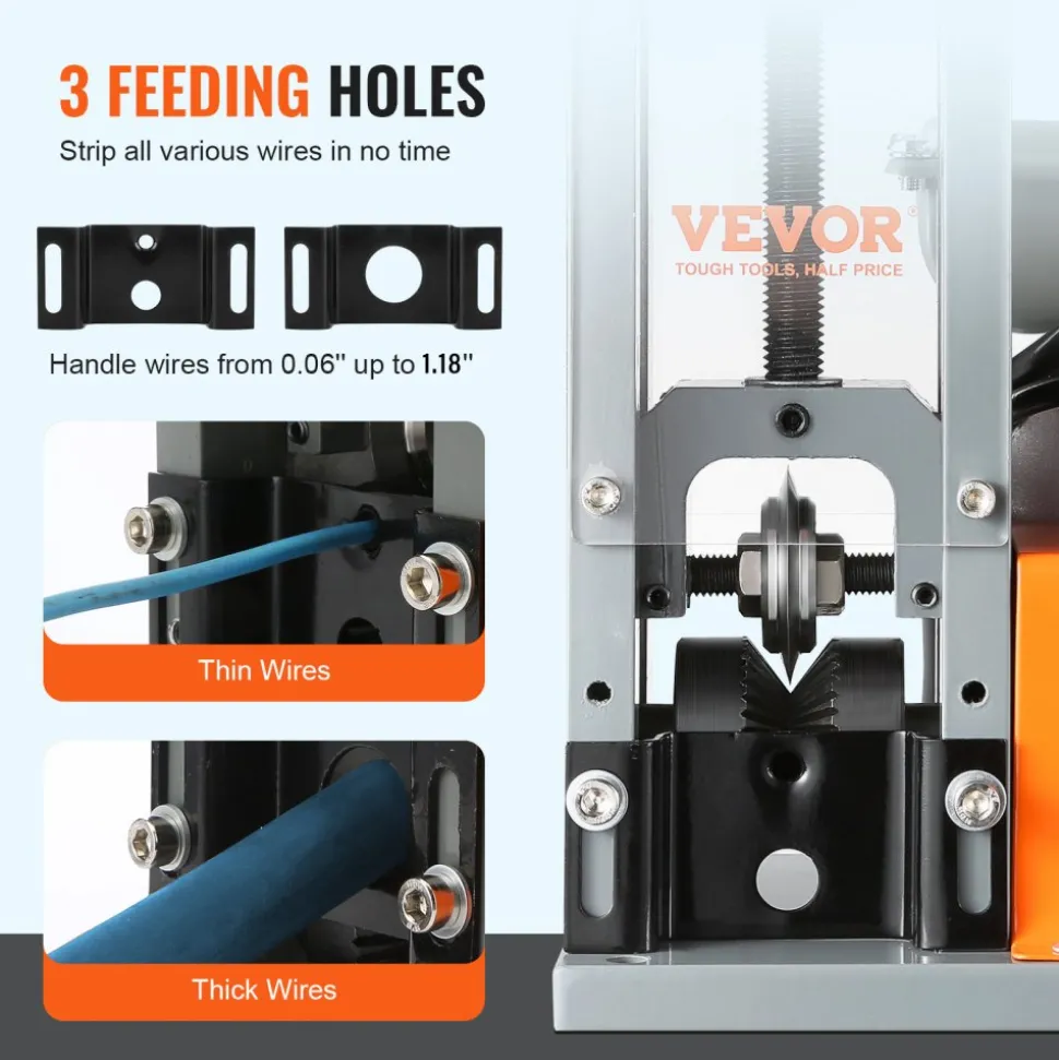 VEVOR Electric Cable Stripping Tool, 0.06''-1.57'' Motorized Wire Stripper, 370 W, 88 ft/min, Includes Manual Crank & 11 Channels, Ideal for Copper Scrap Recycling