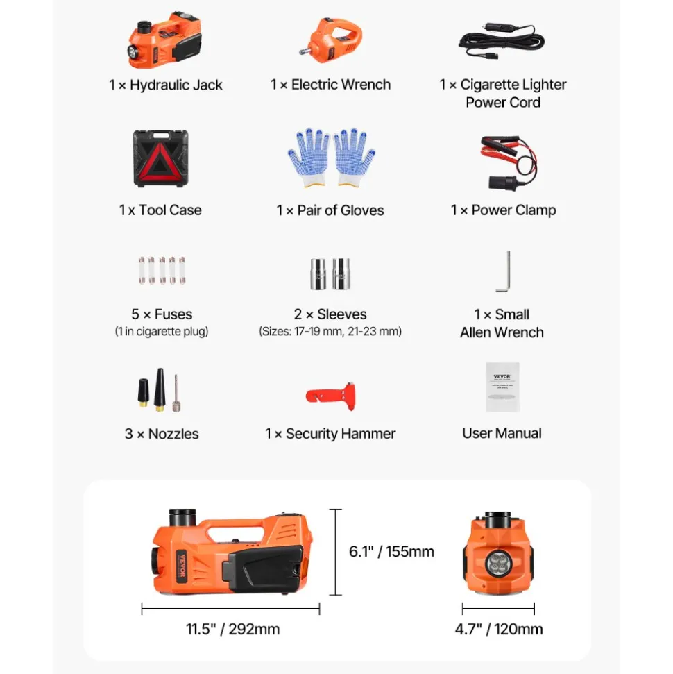 VEVOR Electric Car Jack, 5 Tons /11000 lbs, Electric Scissor Jack with Built-In Inflator, 12V Tire Change Replacement with Electric Impact Wrench & LED Light, Portable Jack kit for Sedan, SUV, Truck