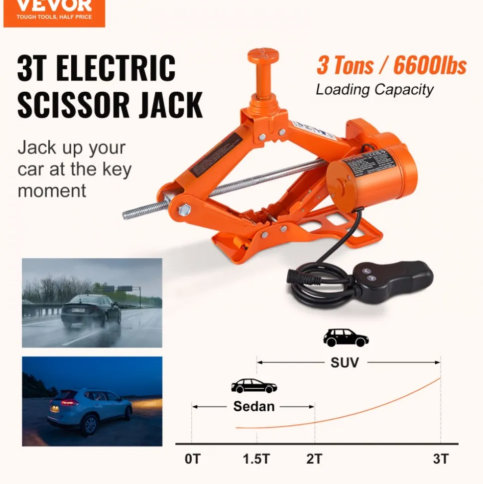 VEVOR Electric Car Jack, 3 Tons /6600 lbs Scissor Jack, 12V Electric Automatic Jack with Double Saddles and Remote Control, Portable Car Jack for Sedan, SUV, Truck Tire Change