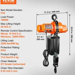 VEVOR Electric Chain Hoist, 2200 lbs Load, 20 ft Lifting Height, 6.9 ft/min Speed, 120V, Single Phase Overhead Crane with Chain, 328 ft Wireless & 15 ft Wired Remote Control for Garage, Shop, and Home