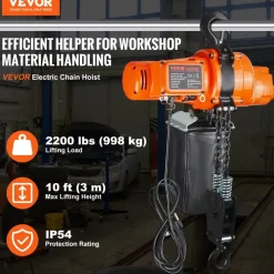 VEVOR Electric Chain Hoist, 2200 lbs Load Capacity, 10 ft Lifting Height, 6.9 ft/min Speed, 120V, Single Phase Overhead Crane with Chain, 10 ft Wired Remote Control for Garage, Shop, Hotel, and Home