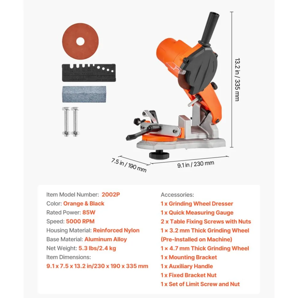 VEVOR Electric Chainsaw Sharpener, 85W Bench Saw Chain Sharpener 5000RPM, Professional Chainsaw Sharpening Tool with 2 Grinding Wheels & LED Light for Woodworking, Logging, Gardening