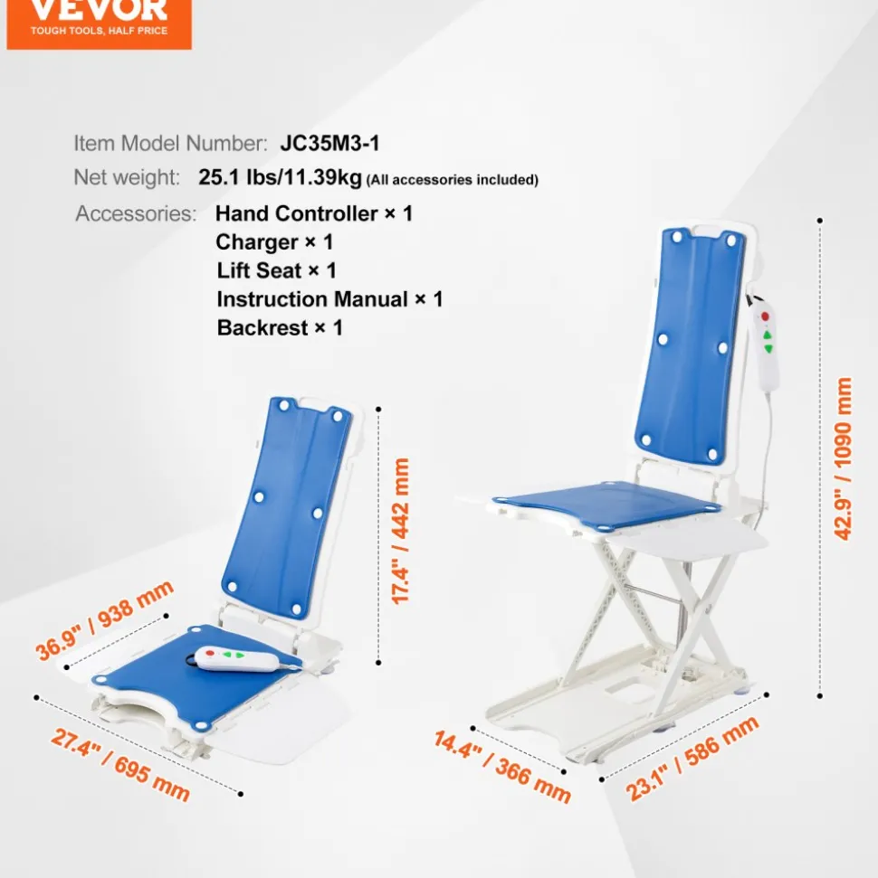 VEVOR Electric Chair Lift, Devices to Lift Elderly off Floor for Elderly, 3.03-19.96 inch Height Adjustable, Support Up to 310 LBS, 45° Tilt for Comfortable Leaning, for Seniors, Patient, Elderly