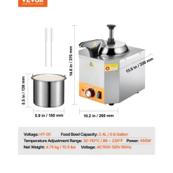 VEVOR Electric Cheese Dispenser with Pump, 2.4L Commercial Hot Fudge Warmer, Stainless Steel Heated Pump Dispenser, 86-230℉ Temp Adjustable Nacho Cheese Sauce Warmer, for Hot Fudge Cheese Caramel