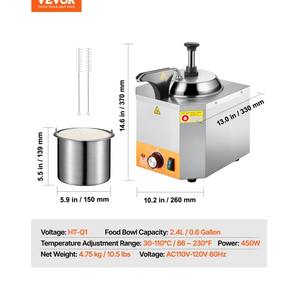 VEVOR Electric Cheese Dispenser with Pump, 2.4L Commercial Hot Fudge Warmer, Stainless Steel Heated Pump Dispenser, 86-230℉ Temp Adjustable Nacho Cheese Sauce Warmer, for Hot Fudge Cheese Caramel
