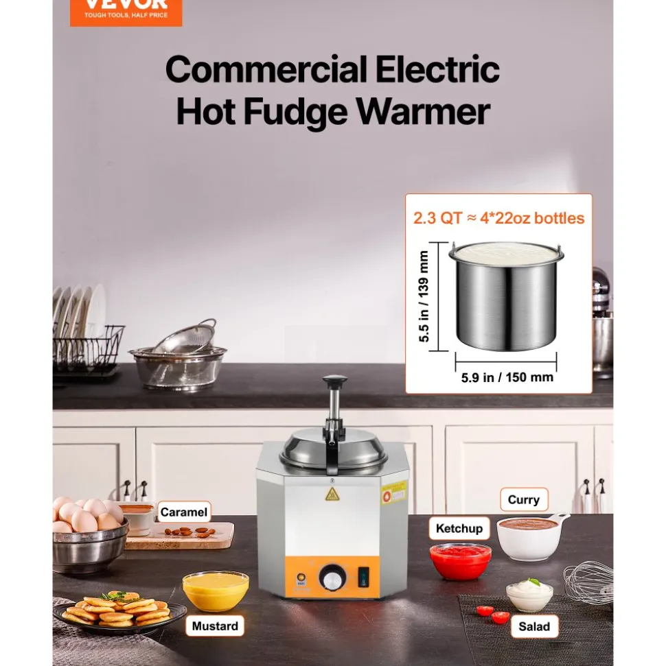 VEVOR Electric Cheese Dispenser with Pump, 2.4L Commercial Hot Fudge Warmer, Stainless Steel Heated Pump Dispenser, 86-230℉ Temp Adjustable Nacho Cheese Sauce Warmer, for Hot Fudge Cheese Caramel