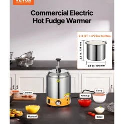 VEVOR Electric Cheese Dispenser with Pump, 2.4L Commercial Hot Fudge Warmer, Stainless Steel Pump Dispenser, 86-230℉ Temp Adjustable Nacho Cheese Sauce Warmer, for Hot Fudge Cheese Caramel