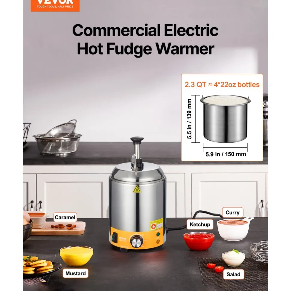 VEVOR Electric Cheese Dispenser with Pump, 2.4L Commercial Hot Fudge Warmer, Stainless Steel Pump Dispenser, 86-230℉ Temp Adjustable Nacho Cheese Sauce Warmer, for Hot Fudge Cheese Caramel