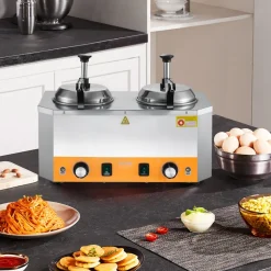 VEVOR Electric Cheese Dispenser with Pumps, 2.4x2 L Commercial Hot Fudge Warmer, Stainless Steel Heated Double Pumps Dispenser, 86-230℉ Temp Adjustable Nacho Cheese Warmer for Fudge Cheese Caramel