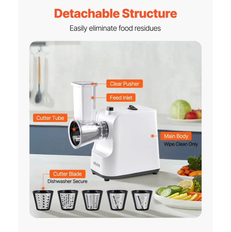 VEVOR Electric Cheese Grater Salad Maker, 200W Salad Shooter, Electric Vegetable Slicer Shredder Chopper for Fruits with 5 Attachments, Stainless Steel Food Cutter for Vegetables, and Cheeses