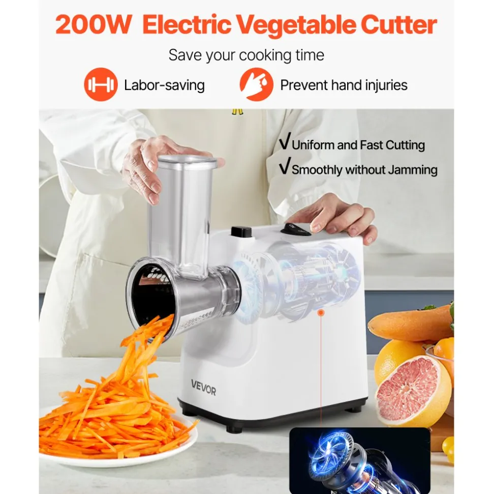 VEVOR Electric Cheese Grater Salad Maker, 200W Salad Shooter, Electric Vegetable Slicer Shredder Chopper for Fruits with 5 Attachments, Stainless Steel Food Cutter for Vegetables, and Cheeses