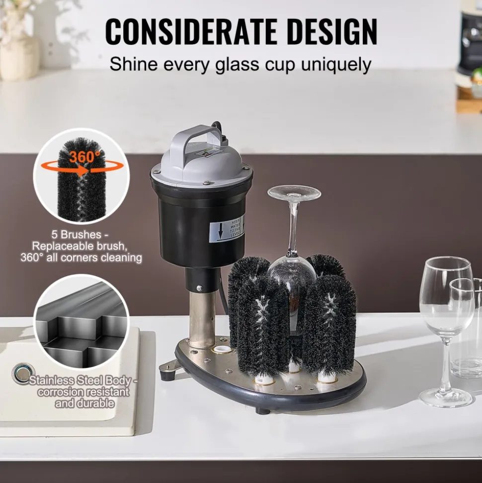 VEVOR Electric Commercial Glass Washer, 5-Brush Bar Glass Cleaner, 1200 Cups/Hour Wine Glass Cleaning Machine, Bar Glass Washer for Champagne Glasses, Beer Cups, Mugs, Perfect for Bars and Cafes