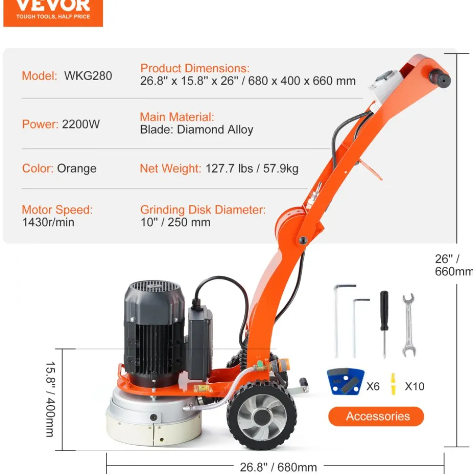 VEVOR Electric Concrete Floor Grinder 10" Walk-Behind Grinder 1.7HP Concrete Floor Polisher, 1300W Grinding Machine, 1720RPM Upgrade Brushless Motor Surfacing Grinder for Granite/Marble/Stones