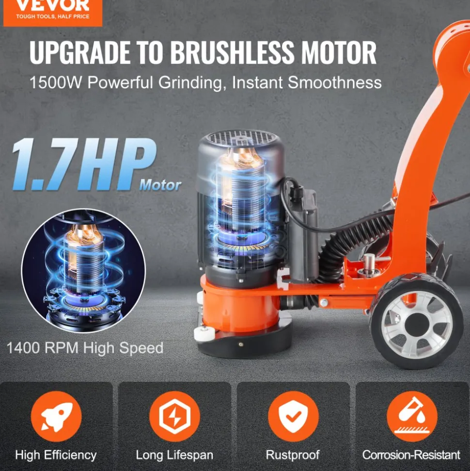 VEVOR Electric Concrete Floor Grinder 7" Walk-Behind Grinder 1.7HP Concrete Floor Polisher, 1300W Grinding Machine, 1720RPM Upgrade Brushless Motor Surfacing Grinder for Granite/Marble/Stones