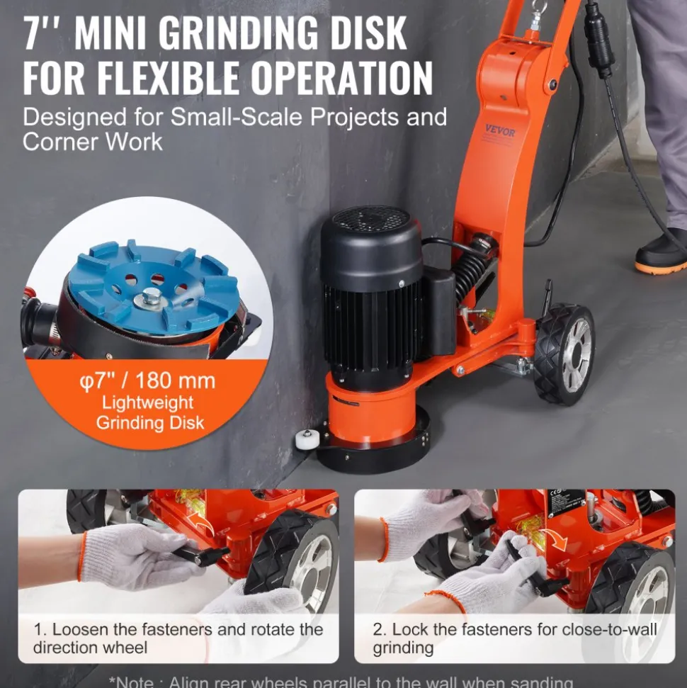 VEVOR Electric Concrete Floor Grinder 7" Walk-Behind Grinder 1.7HP Concrete Floor Polisher, 1300W Grinding Machine, 1720RPM Upgrade Brushless Motor Surfacing Grinder for Granite/Marble/Stones