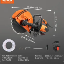 VEVOR Electric Concrete Saw, 14 in, 3200 W Motor Circular Saw Cutter with Max. 5 in Adjustable Cutting Depth, Wet Disk Saw Cutter Includes Water Line, Pump and Blade, for Stone, Brick